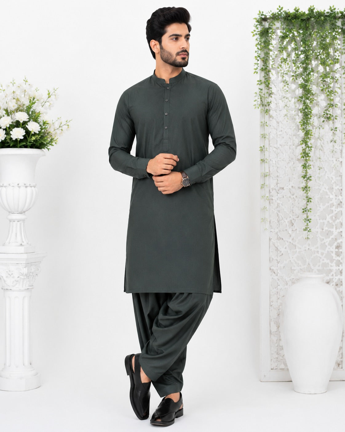 Men’s Dark Grey Boski Suit – Premium Unstitched Traditional Fabric for Men