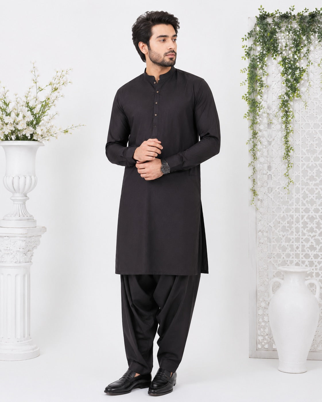 Men’s Black Boski Unstitched Suit – Premium Traditional Fabric
