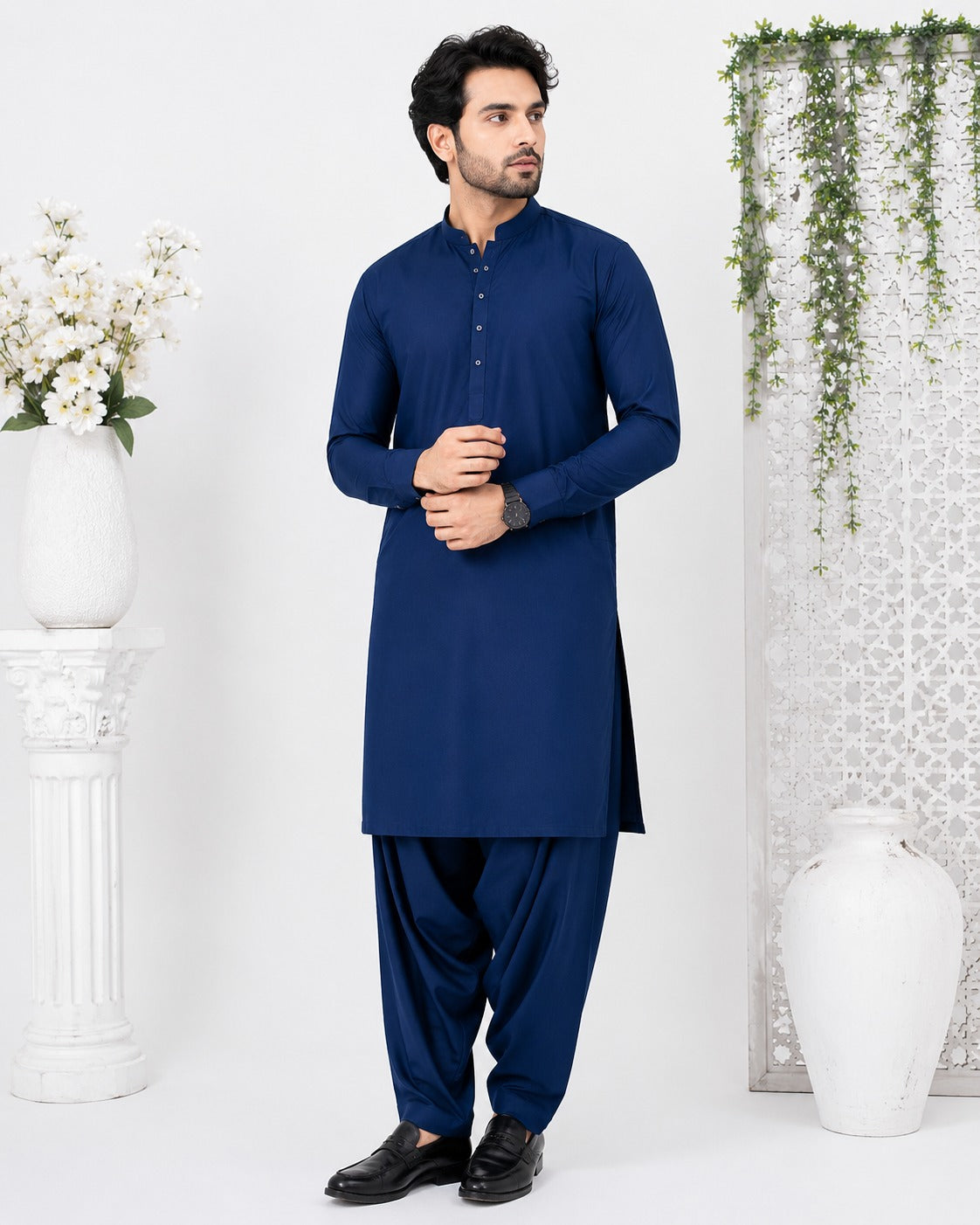 Men’s Navy Blue Boski Unstitched Suit – Premium Traditional Fabric