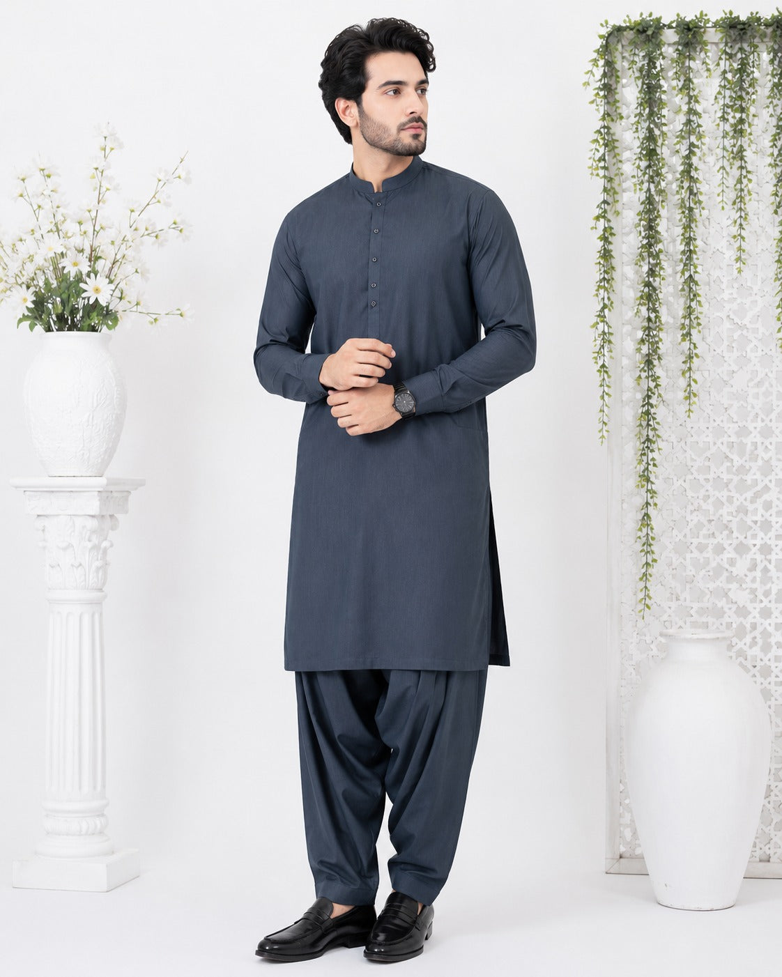 Men’s Steel Grey Boski Unstitched Suit – Premium Traditional Fabric
