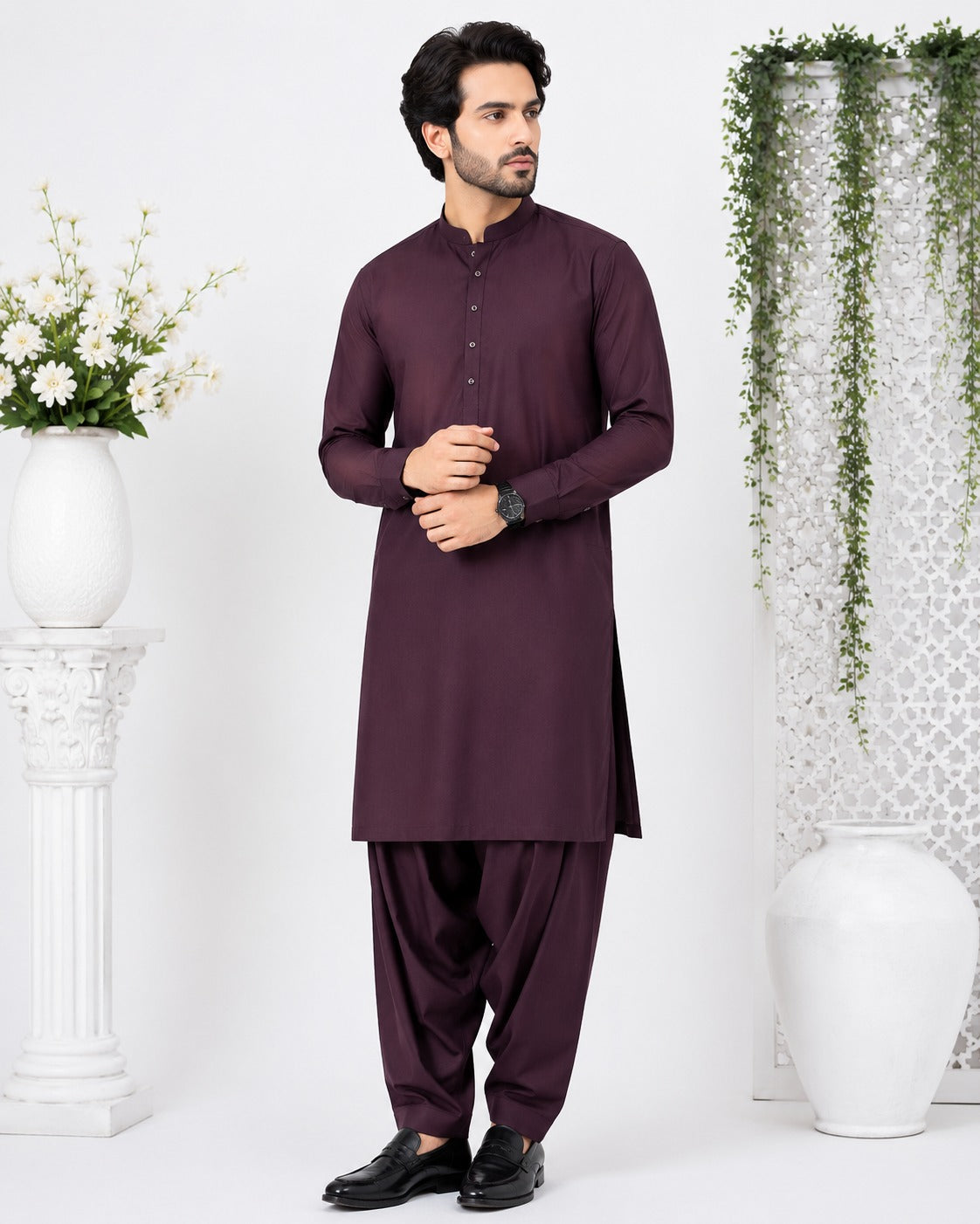 Men’s Plum Boski Unstitched Suit – Premium Traditional Fabric